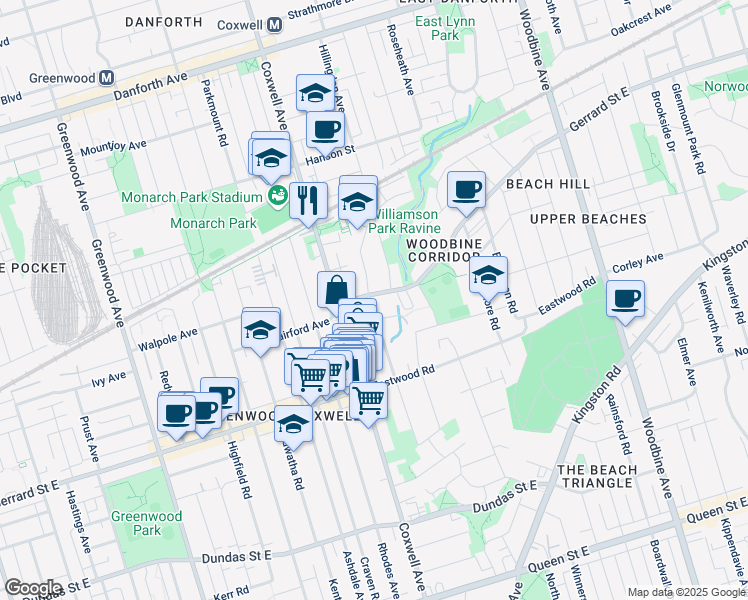 map of restaurants, bars, coffee shops, grocery stores, and more near 1659 Gerrard Street East in Toronto