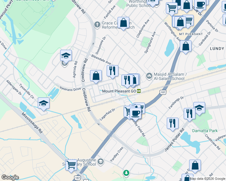 map of restaurants, bars, coffee shops, grocery stores, and more near 100 Baycliffe Crescent in Brampton