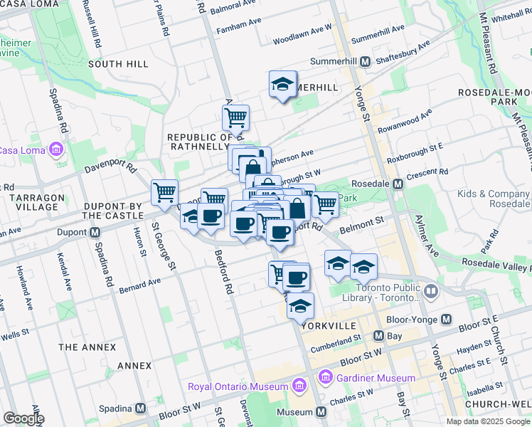 map of restaurants, bars, coffee shops, grocery stores, and more near 193 Avenue Road in Toronto