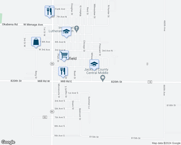 map of restaurants, bars, coffee shops, grocery stores, and more near 109 Milwaukee Street in Lakefield