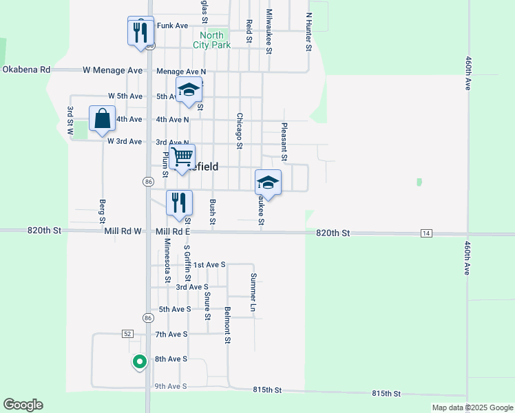 map of restaurants, bars, coffee shops, grocery stores, and more near 109 Milwaukee Street in Lakefield