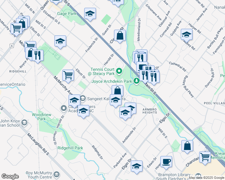 map of restaurants, bars, coffee shops, grocery stores, and more near Mill Street South in Brampton