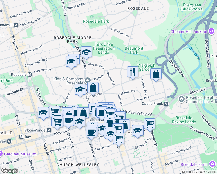 map of restaurants, bars, coffee shops, grocery stores, and more near 44 Elm Avenue in Toronto