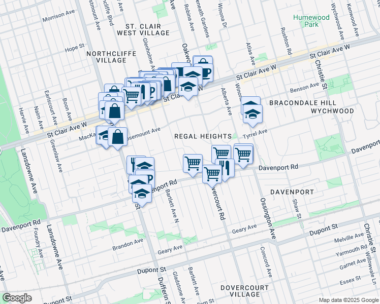 map of restaurants, bars, coffee shops, grocery stores, and more near 16 Springmount Avenue in Toronto