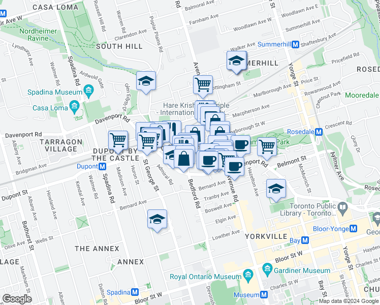 map of restaurants, bars, coffee shops, grocery stores, and more near 160 Pears Avenue in Toronto
