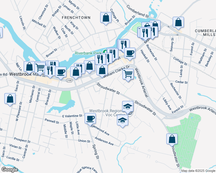 map of restaurants, bars, coffee shops, grocery stores, and more near 78 Stroudwater Street in Westbrook