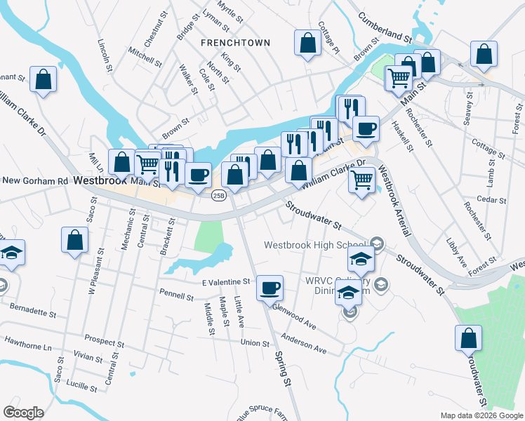 map of restaurants, bars, coffee shops, grocery stores, and more near 57 Pleasant Street in Westbrook