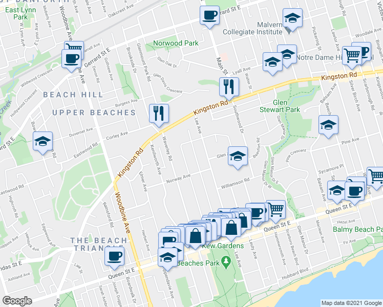 map of restaurants, bars, coffee shops, grocery stores, and more near in Toronto