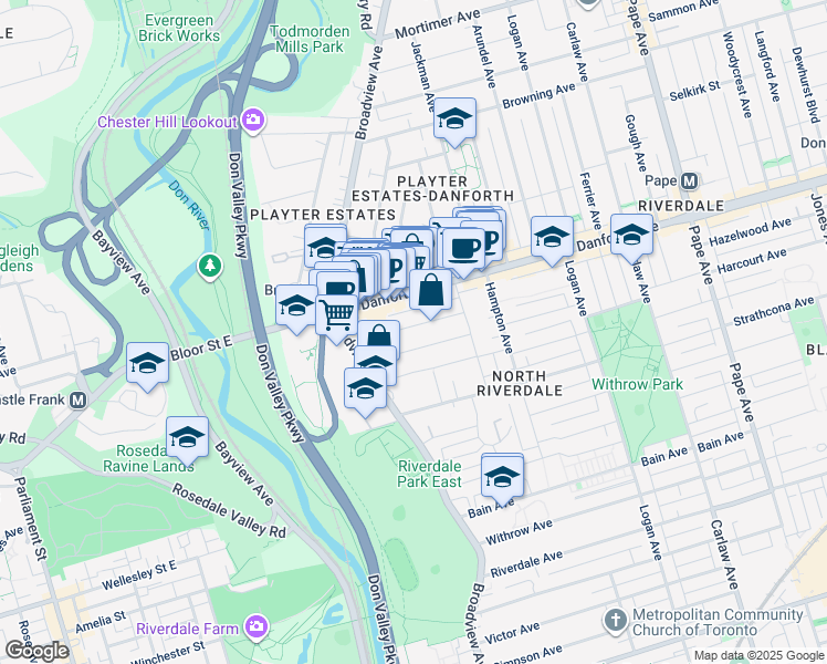 map of restaurants, bars, coffee shops, grocery stores, and more near in Toronto