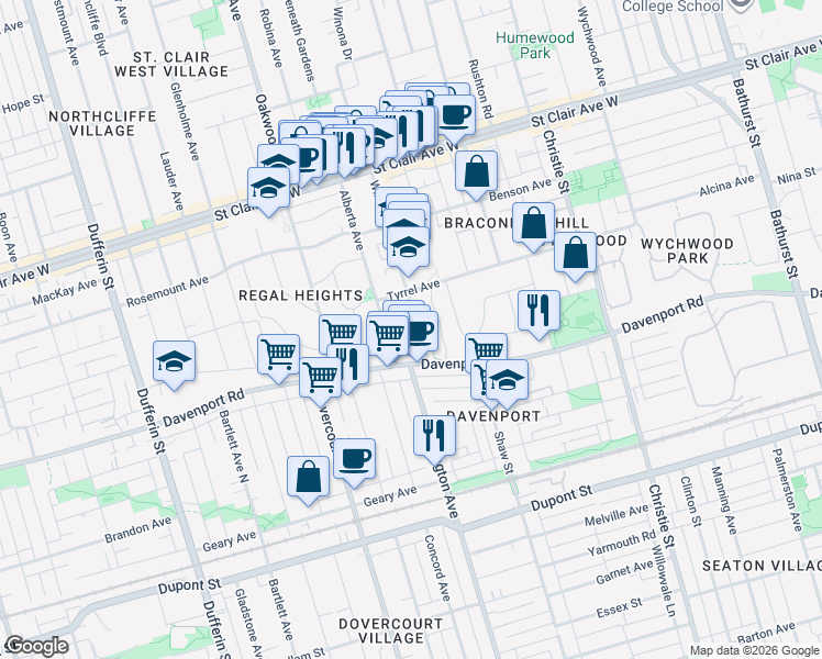 map of restaurants, bars, coffee shops, grocery stores, and more near in Toronto
