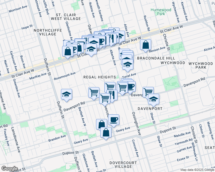 map of restaurants, bars, coffee shops, grocery stores, and more near 49 Oakwood Avenue in Toronto
