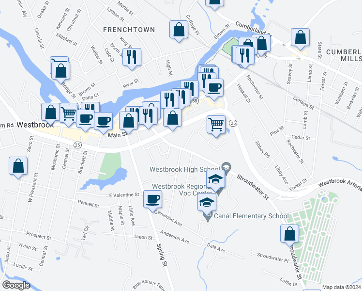 map of restaurants, bars, coffee shops, grocery stores, and more near 66 Stroudwater Street in Westbrook