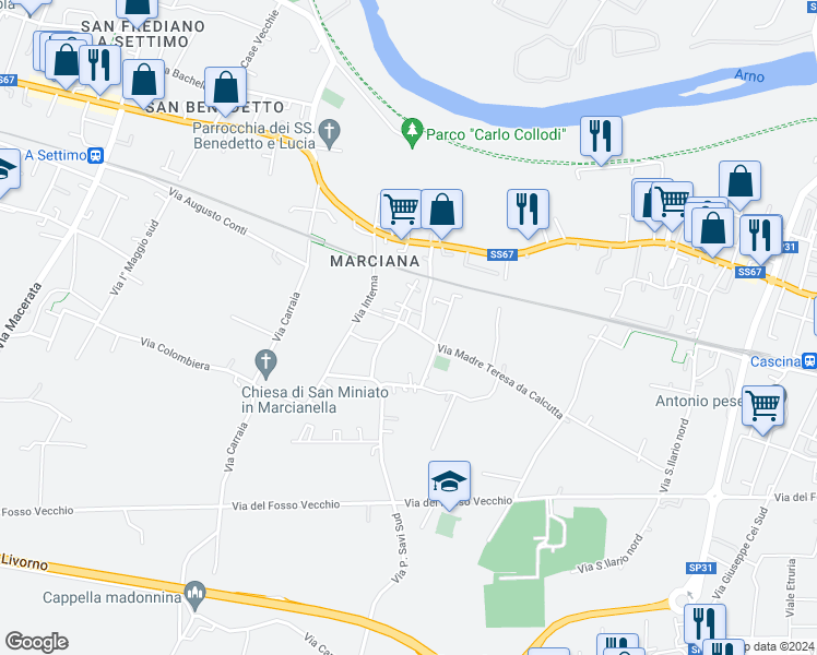 map of restaurants, bars, coffee shops, grocery stores, and more near 1 Via della Chiesa in Cascina