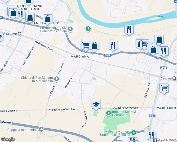 map of restaurants, bars, coffee shops, grocery stores, and more near 1 Via della Chiesa in Cascina