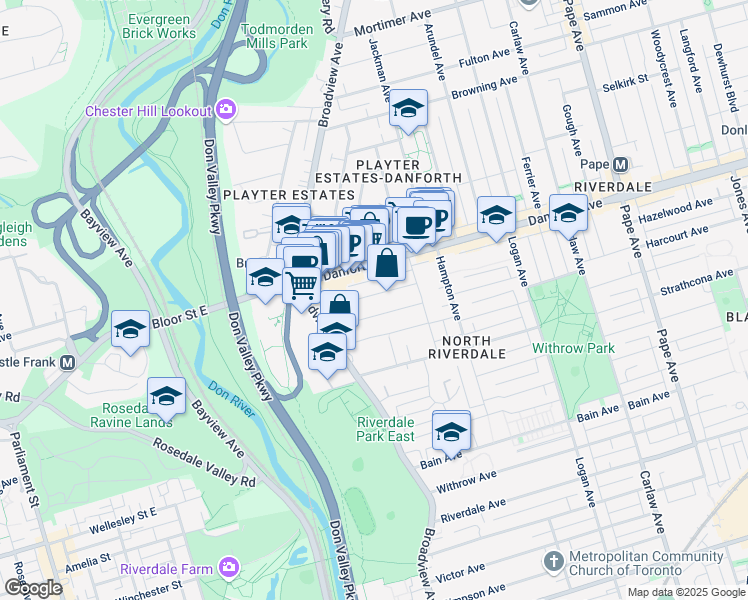 map of restaurants, bars, coffee shops, grocery stores, and more near 53 Dearbourne Avenue in Toronto