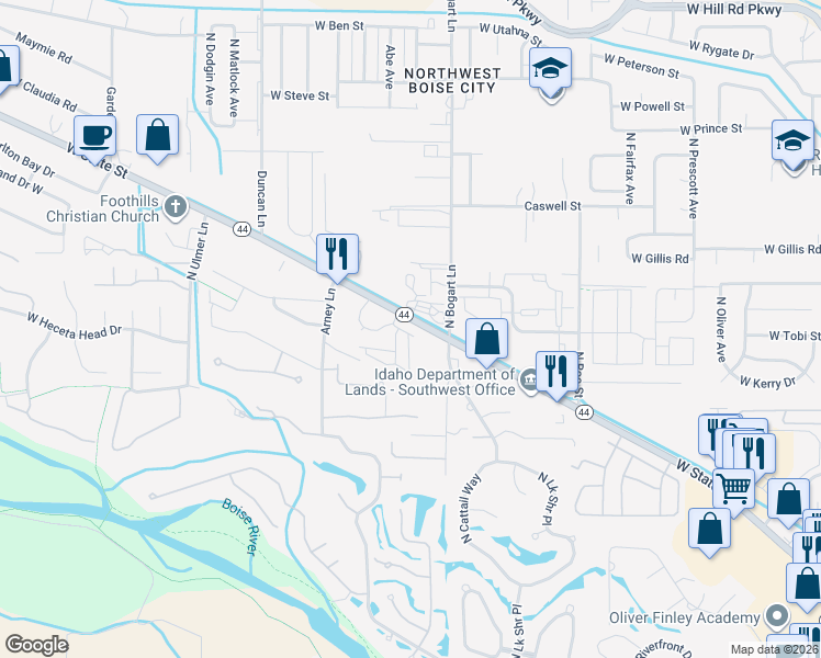 map of restaurants, bars, coffee shops, grocery stores, and more near 8875 West State Street in Garden City