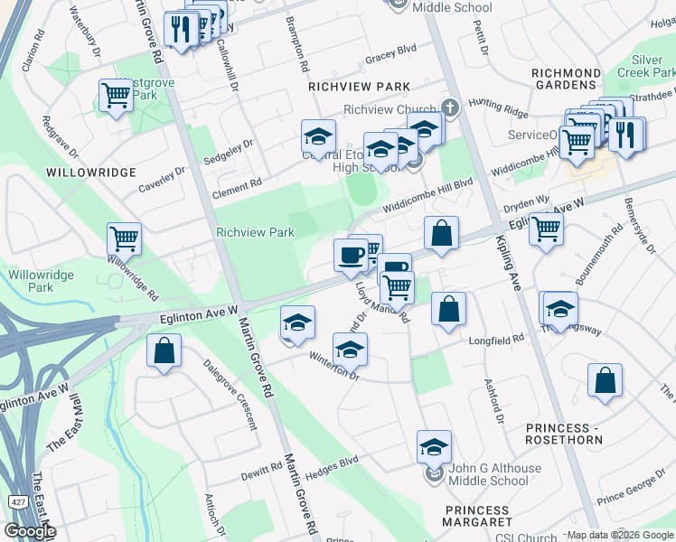 map of restaurants, bars, coffee shops, grocery stores, and more near 142 Widdicombe Hill Boulevard in Toronto