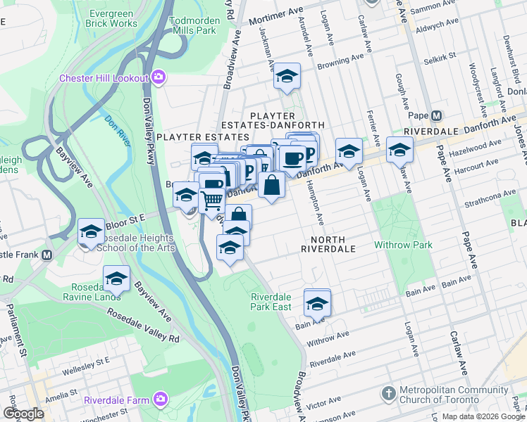 map of restaurants, bars, coffee shops, grocery stores, and more near 55 Dearbourne Avenue in Toronto