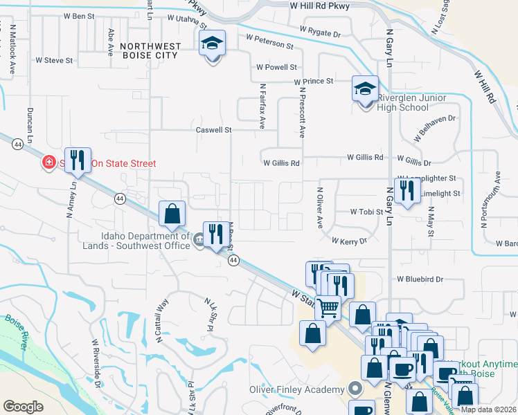map of restaurants, bars, coffee shops, grocery stores, and more near 6076 North Tarako Avenue in Boise