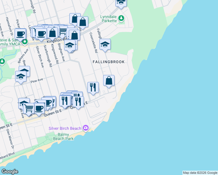 map of restaurants, bars, coffee shops, grocery stores, and more near 15 Courcelette Road in Toronto