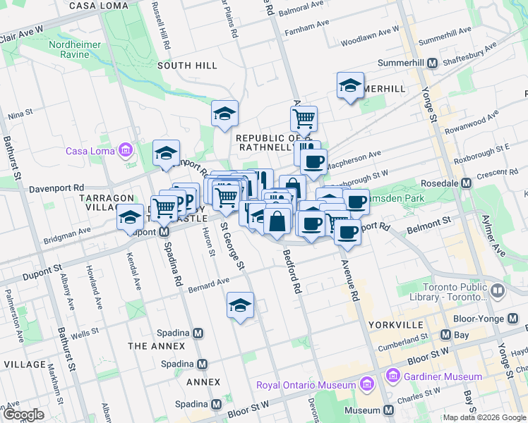 map of restaurants, bars, coffee shops, grocery stores, and more near 113 Dupont Street in Toronto