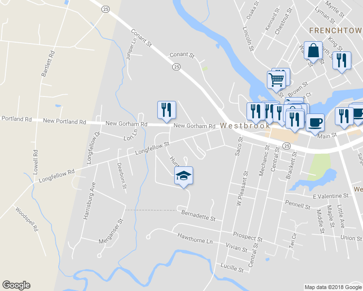 map of restaurants, bars, coffee shops, grocery stores, and more near 108 Longfellow Street in Westbrook