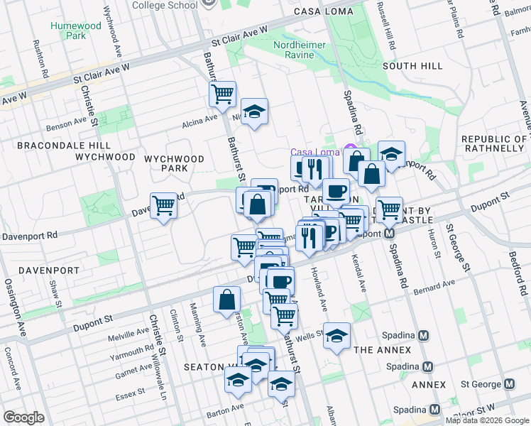 map of restaurants, bars, coffee shops, grocery stores, and more near 318 Albany Avenue in Toronto