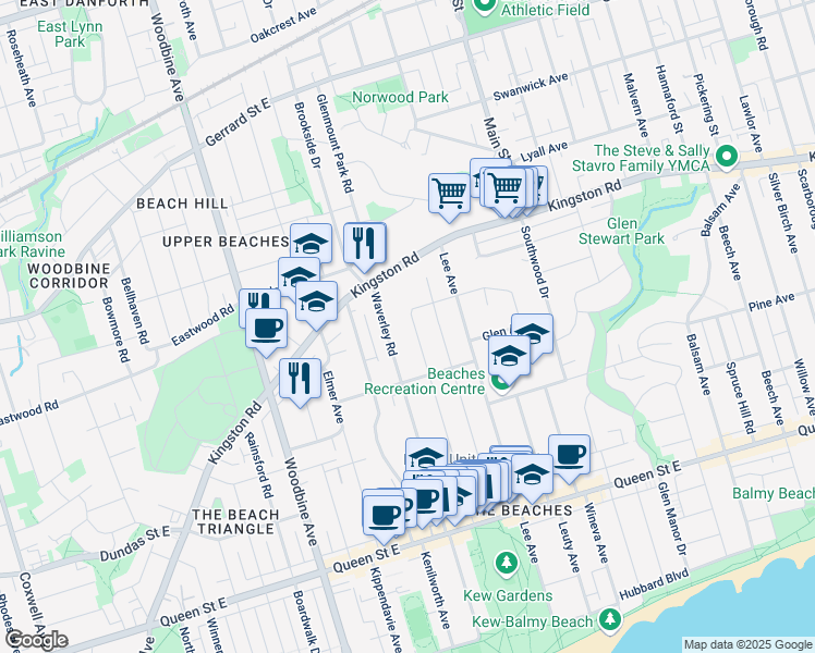 map of restaurants, bars, coffee shops, grocery stores, and more near 176 Bellefair Avenue in Toronto