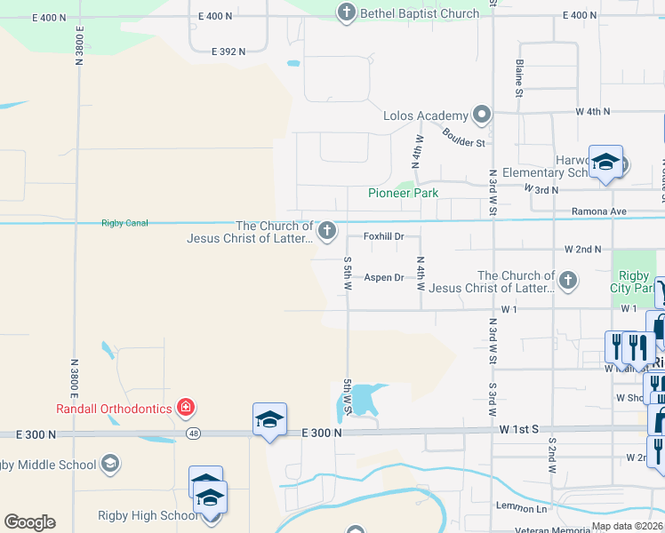 map of restaurants, bars, coffee shops, grocery stores, and more near 613 Sundance in Rigby
