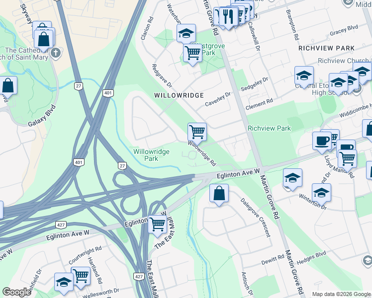 map of restaurants, bars, coffee shops, grocery stores, and more near 44 Willowridge Road in Toronto