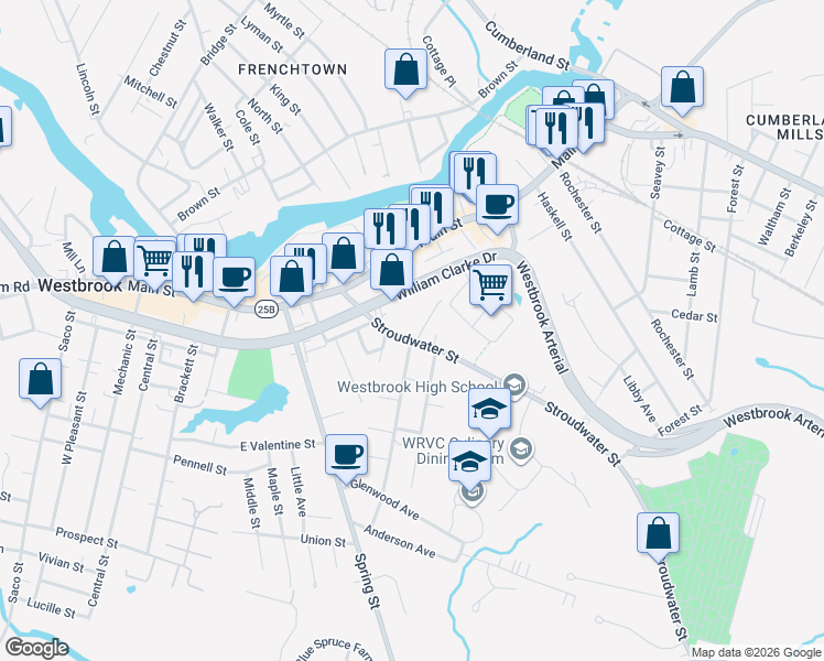 map of restaurants, bars, coffee shops, grocery stores, and more near 78 Stroudwater Street in Westbrook