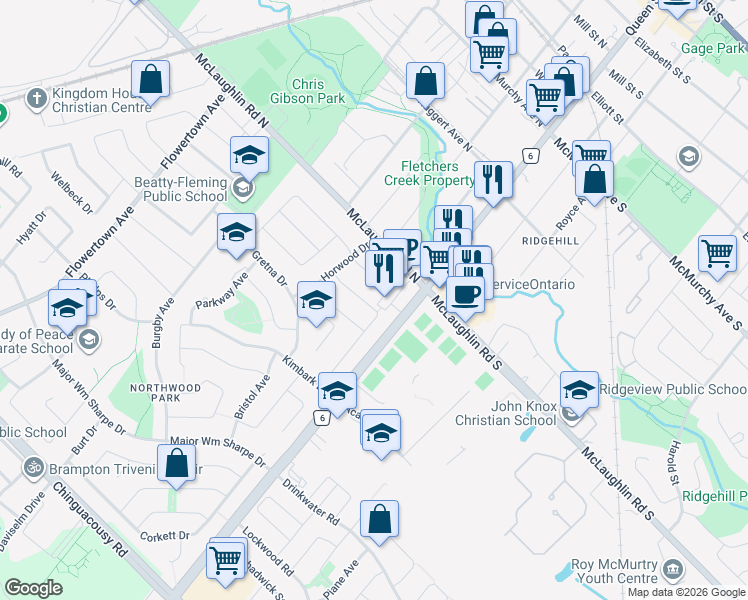 map of restaurants, bars, coffee shops, grocery stores, and more near 20 Kingsmere Crescent in Brampton
