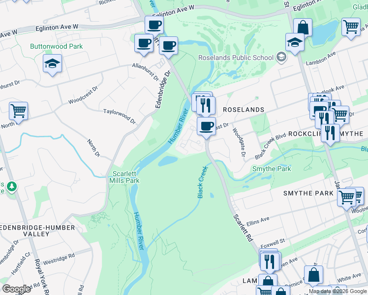 map of restaurants, bars, coffee shops, grocery stores, and more near 240 Scarlett Road in Toronto