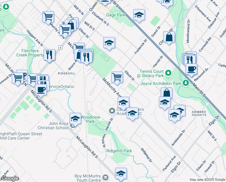 map of restaurants, bars, coffee shops, grocery stores, and more near 89 McMurchy Avenue South in Brampton