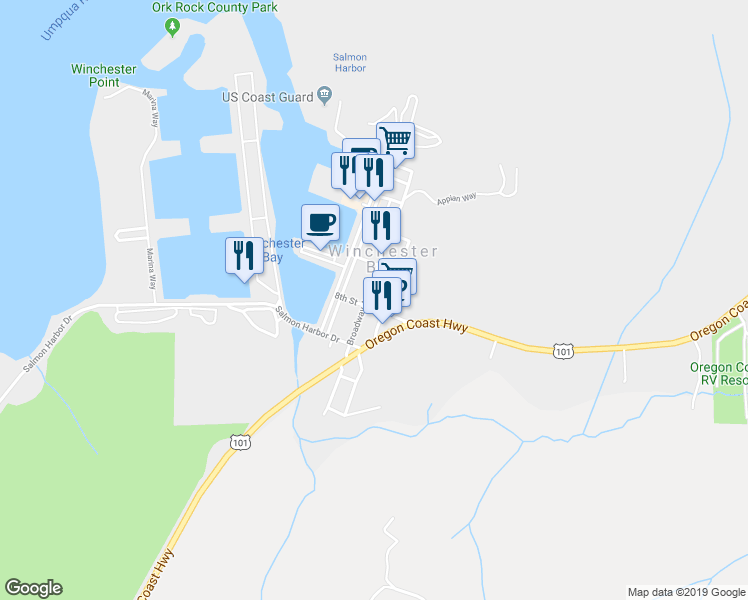 map of restaurants, bars, coffee shops, grocery stores, and more near 215 8th Street in Winchester Bay