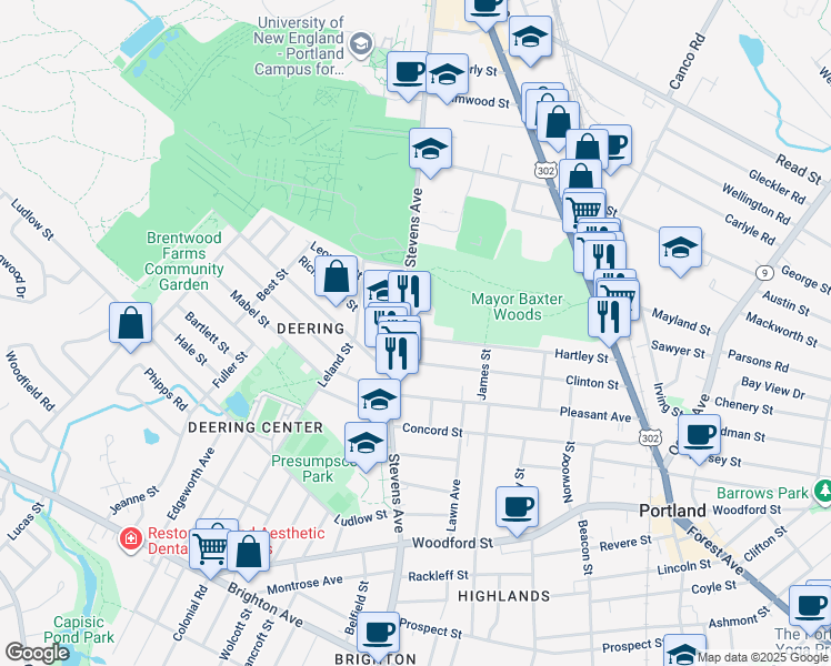 map of restaurants, bars, coffee shops, grocery stores, and more near 499 Stevens Avenue in Portland