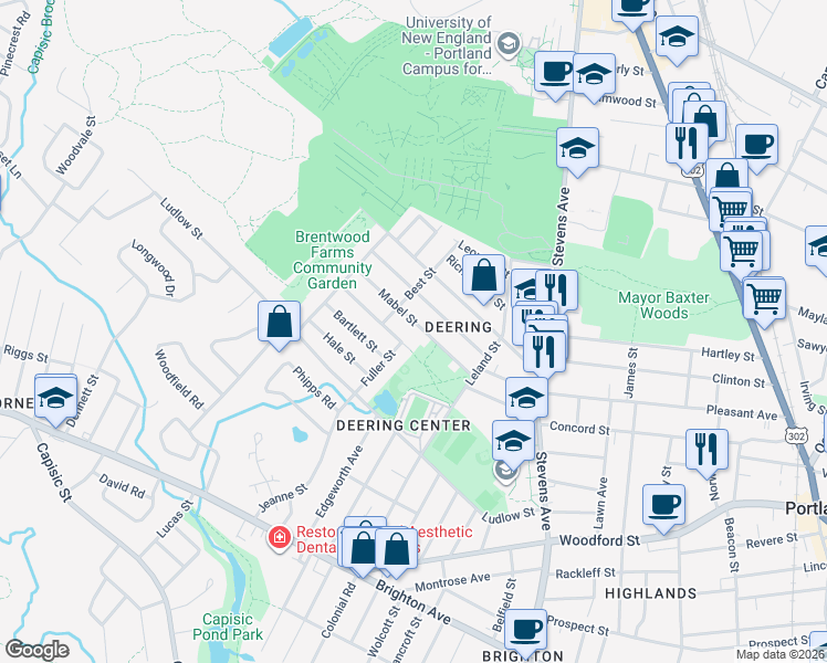 map of restaurants, bars, coffee shops, grocery stores, and more near 61 Madeline Street in Portland