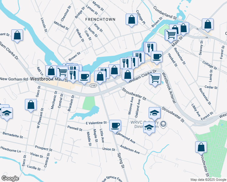 map of restaurants, bars, coffee shops, grocery stores, and more near 57 Pleasant Street in Westbrook