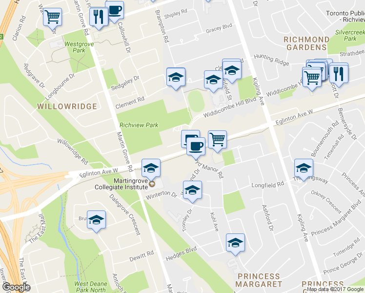 map of restaurants, bars, coffee shops, grocery stores, and more near 4802-4808 Eglinton Avenue West in Toronto