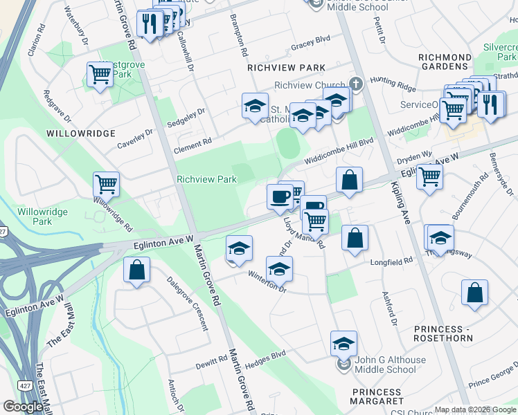map of restaurants, bars, coffee shops, grocery stores, and more near in Toronto