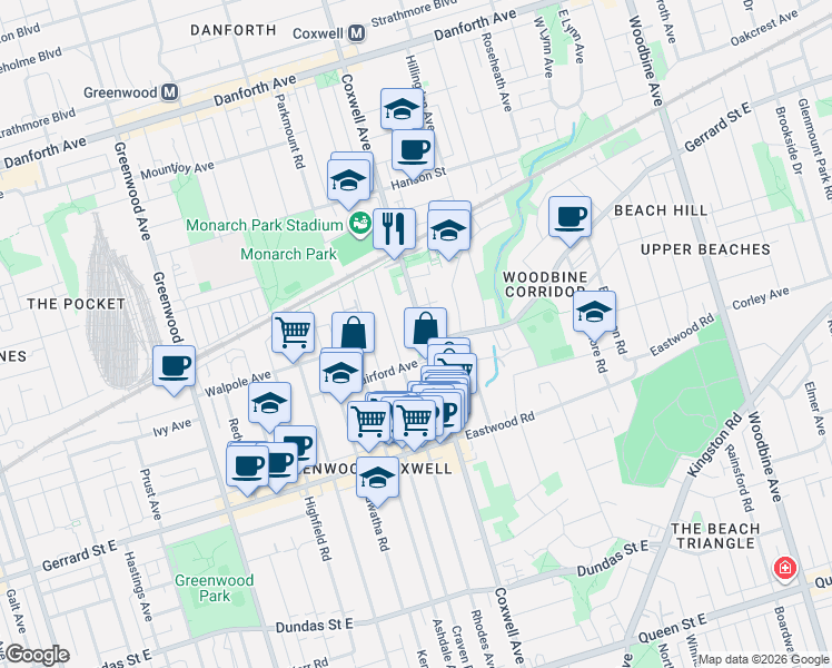 map of restaurants, bars, coffee shops, grocery stores, and more near 386 Coxwell Avenue in Toronto