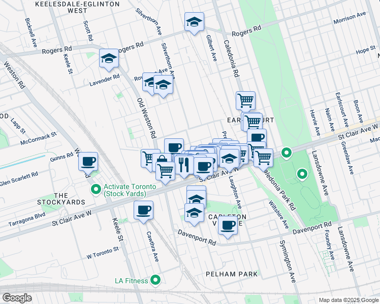 map of restaurants, bars, coffee shops, grocery stores, and more near 70 Silverthorn Avenue in Toronto