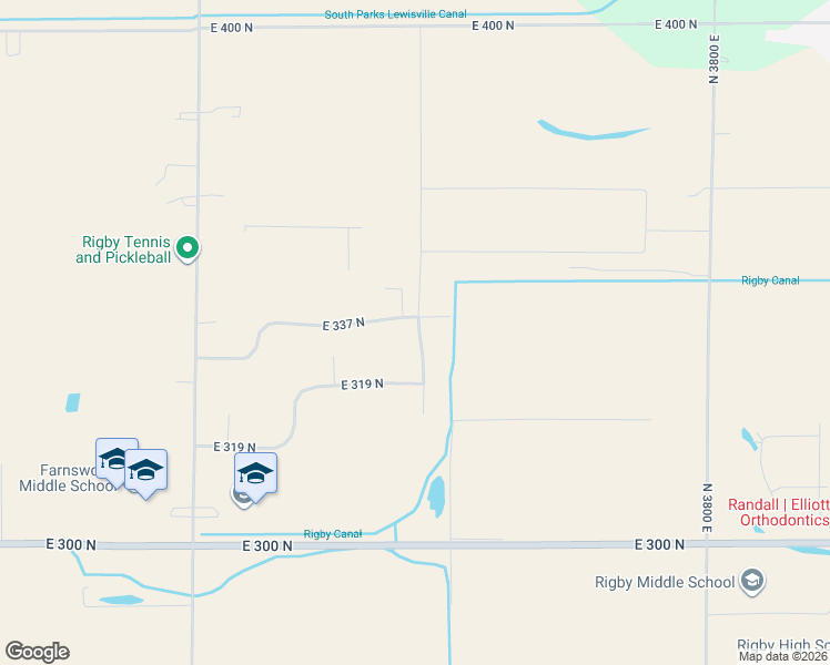 map of restaurants, bars, coffee shops, grocery stores, and more near 3748 343 North in Rigby