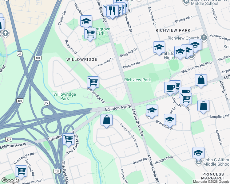 map of restaurants, bars, coffee shops, grocery stores, and more near 21 Richgrove Drive in Toronto