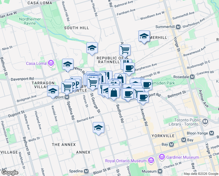map of restaurants, bars, coffee shops, grocery stores, and more near 113 Dupont Street in Toronto