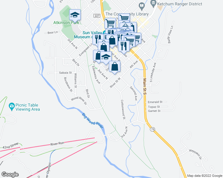 map of restaurants, bars, coffee shops, grocery stores, and more near 340 River Street West in Ketchum