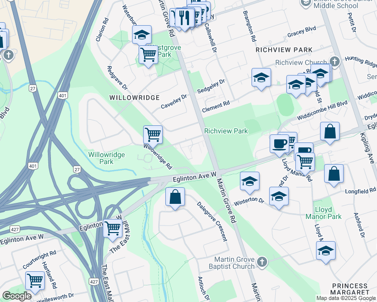 map of restaurants, bars, coffee shops, grocery stores, and more near 21 Richgrove Drive in Toronto