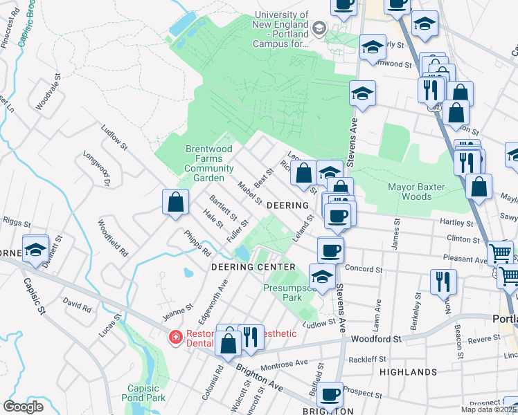 map of restaurants, bars, coffee shops, grocery stores, and more near 61 Madeline Street in Portland