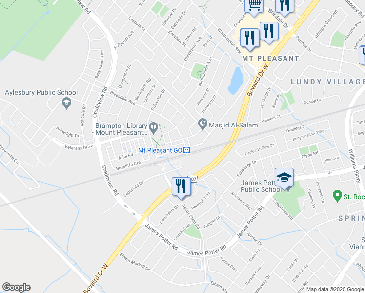 map of restaurants, bars, coffee shops, grocery stores, and more near 52 Commuter Drive in Brampton