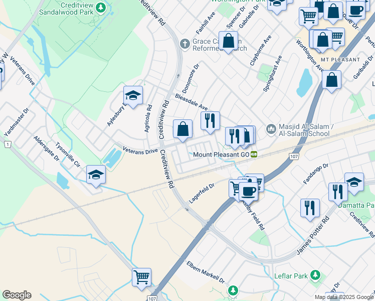 map of restaurants, bars, coffee shops, grocery stores, and more near Affleck Road in Brampton